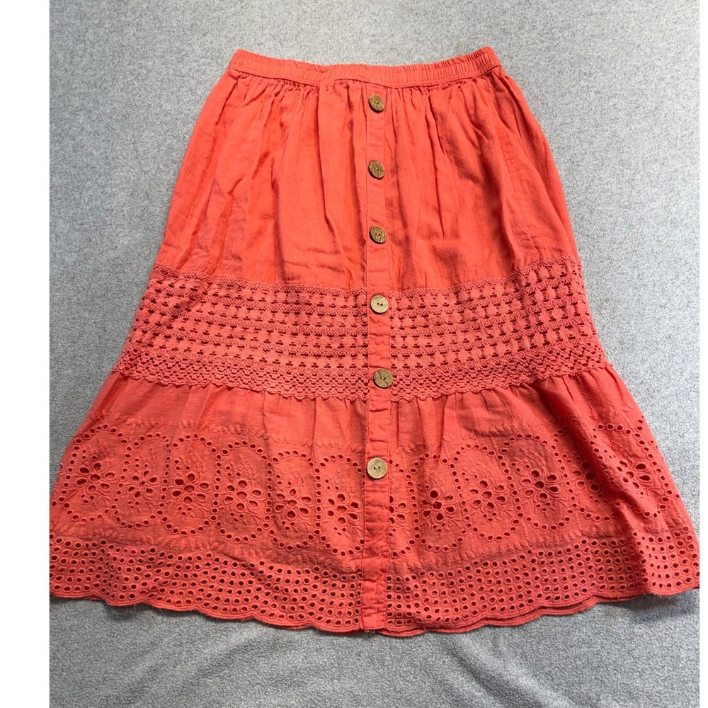 Button-Front Crochet Midi Skirt - Coral